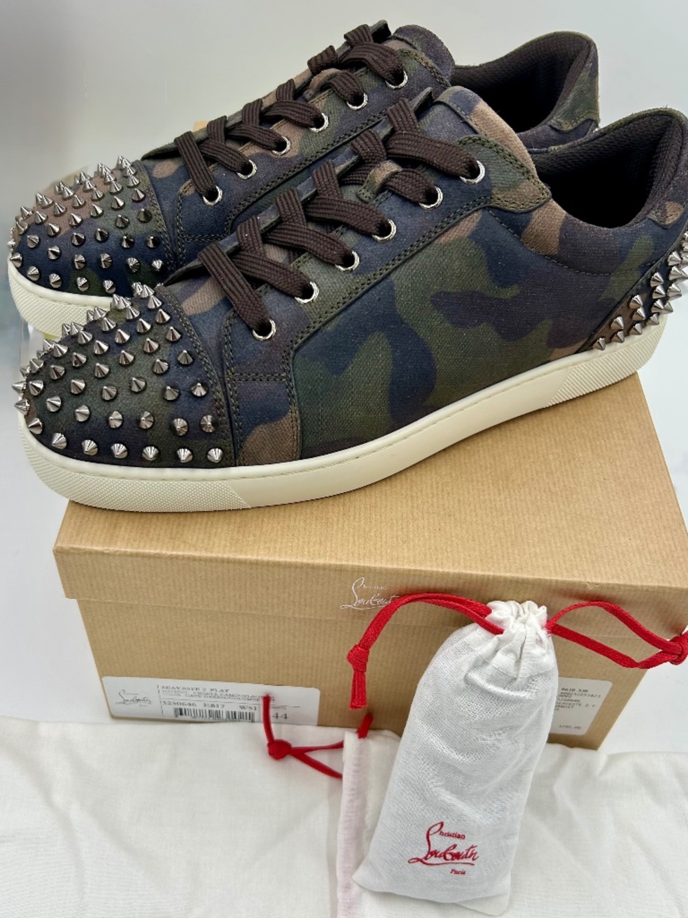 Men’s Christian Louboutin SEAVASTE 2 Camouflage Spiked Sneakers.  Size 44/11 US